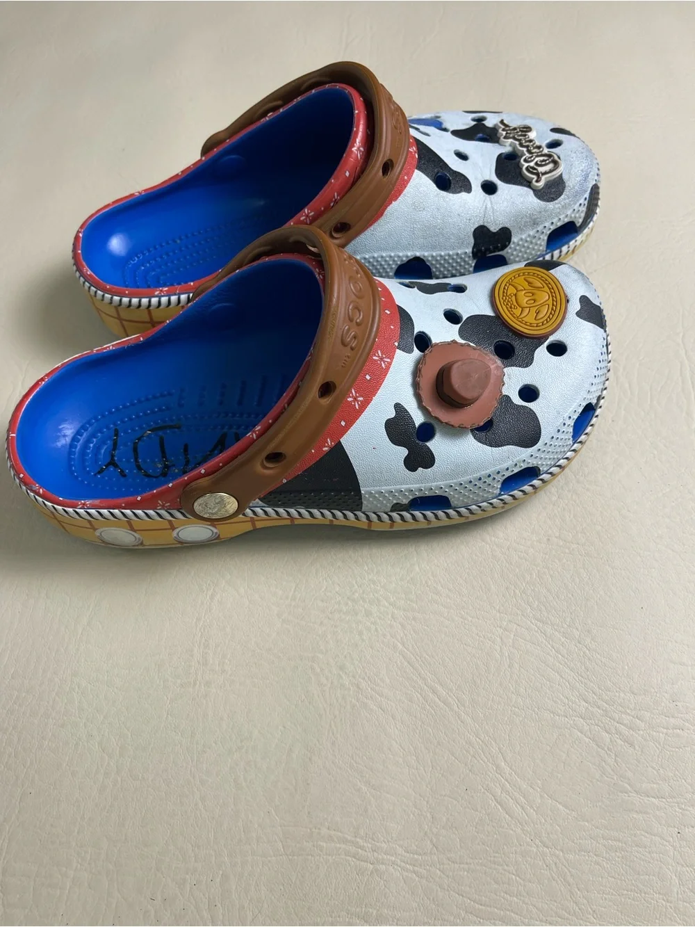 CROCS Woody Cow Print Clogs in White, Black & Blue with Brown Strap J4 used